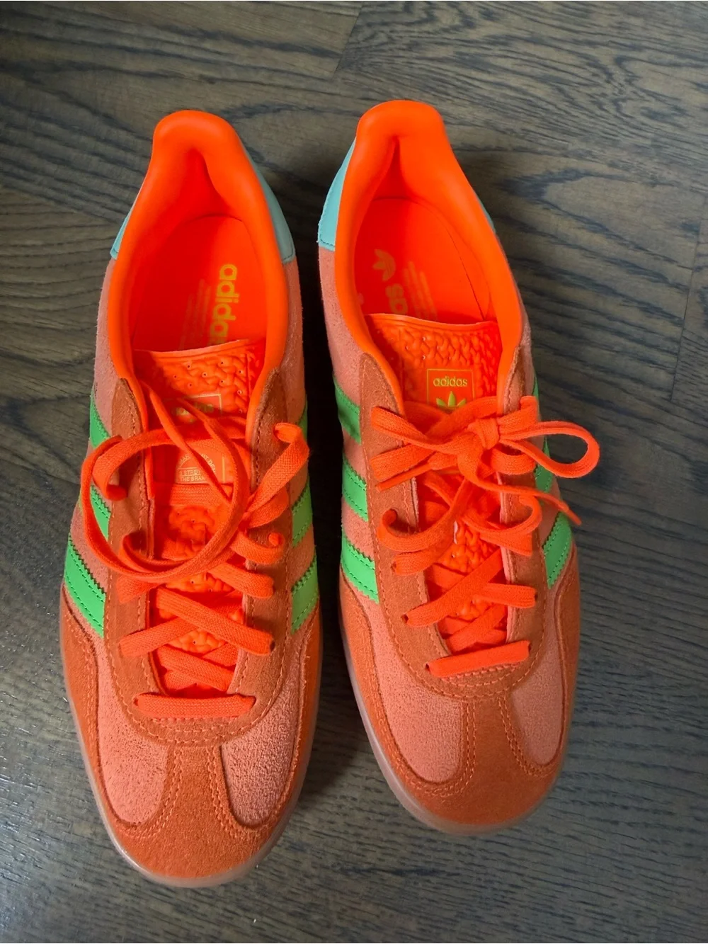 NWOT Adidas Gazelle Indoor Solar Orange Solar Green sneaker, size 8.5.
